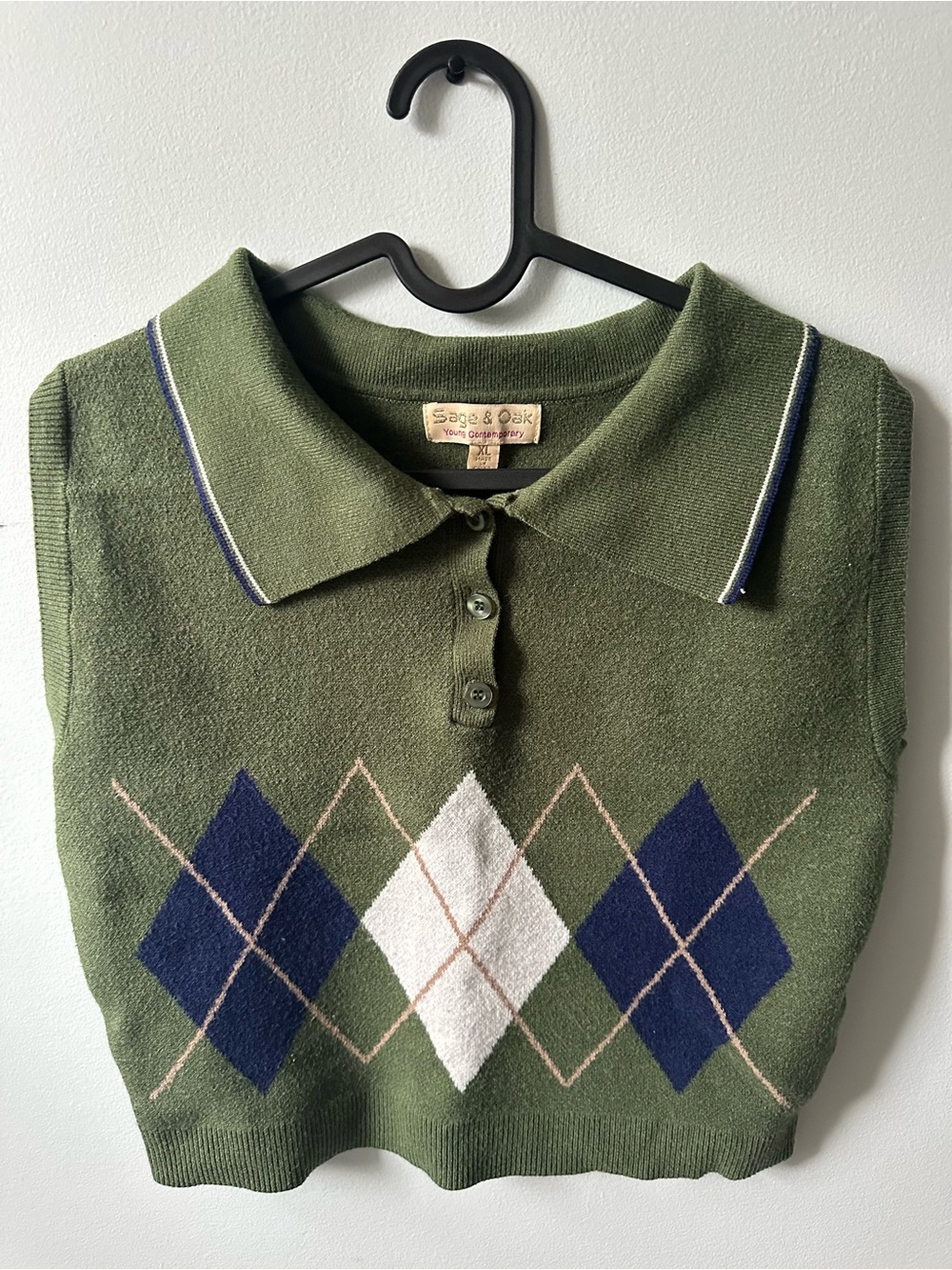 Sage & Oak Argyle Polo Sweater Vest Green & Blue XL (youth)